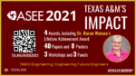 ASEE 2021 Texas A&M Impact; 4 awards, including Dr. Karan Watson's Lifetime Achievement Award, 40 papers and 8 posters, 3 workshops and 3 panels